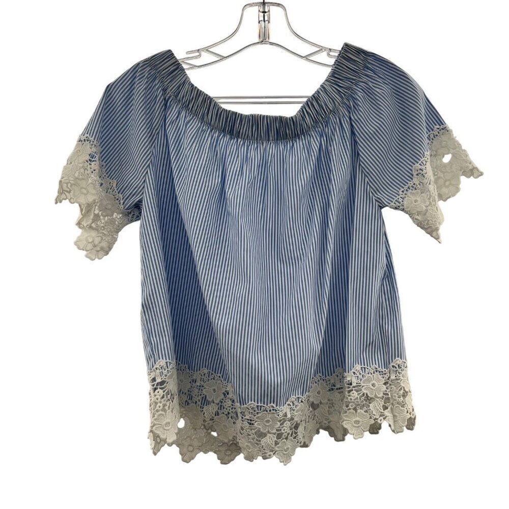 Kontrol Striped Crop Top Off Shoulder Short Sleeve Blue/White Crochet Size Large